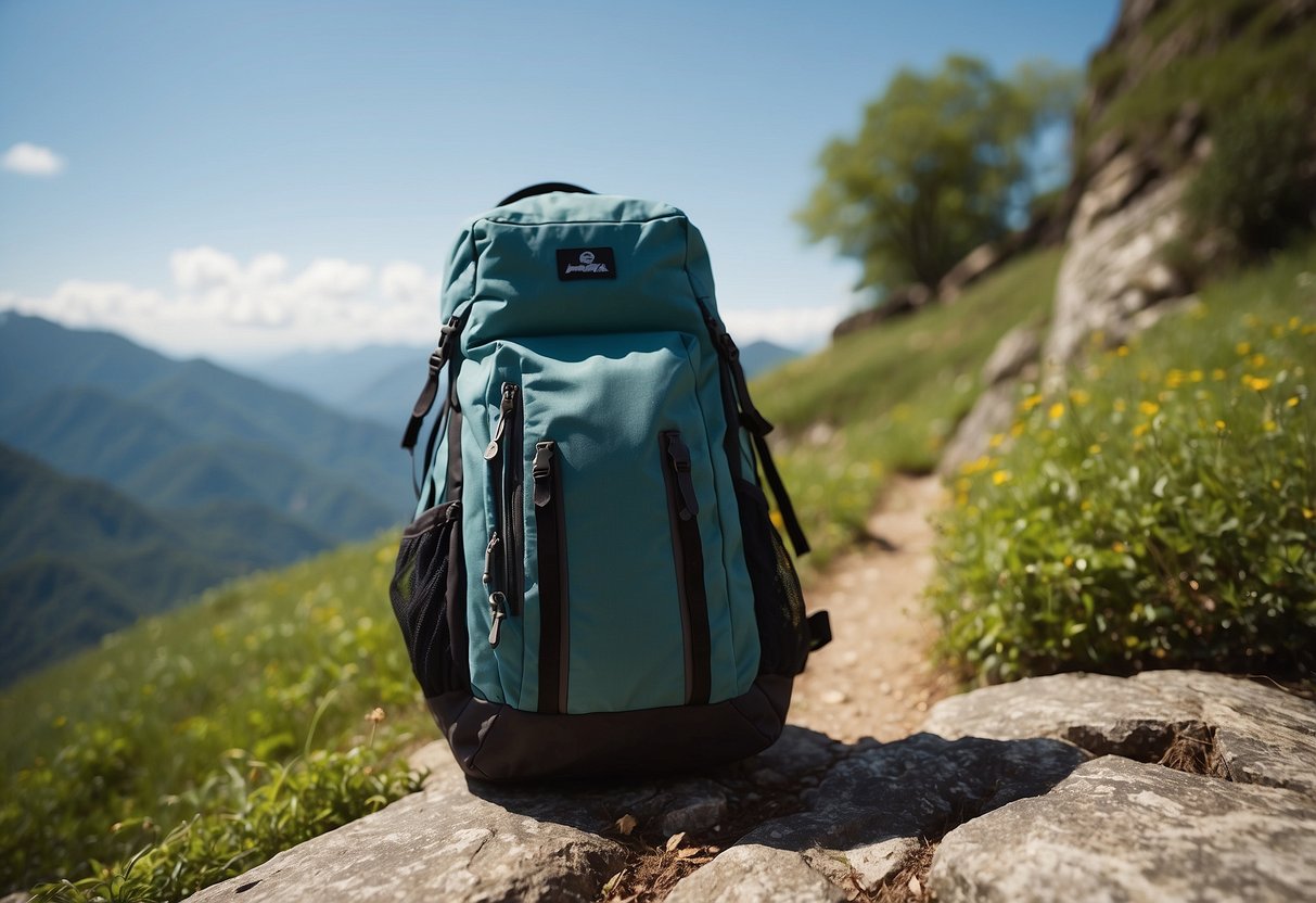 A mountain trail with lush greenery, clear blue skies, a winding path, and a small stream. A backpack, water bottle, and healthy snacks are scattered on the ground