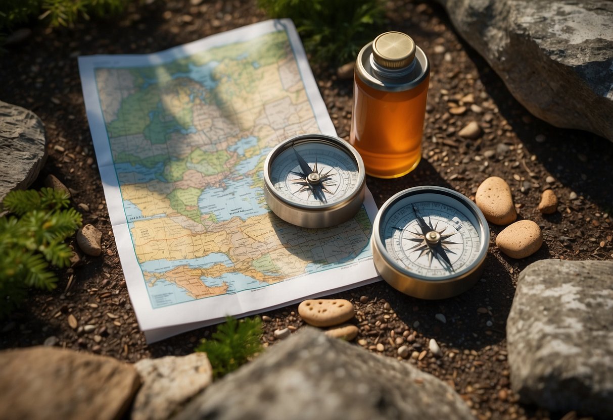 A map and compass lay on a rocky trail. Sunlight filters through the trees, casting dappled shadows. A water bottle and healthy snacks sit nearby