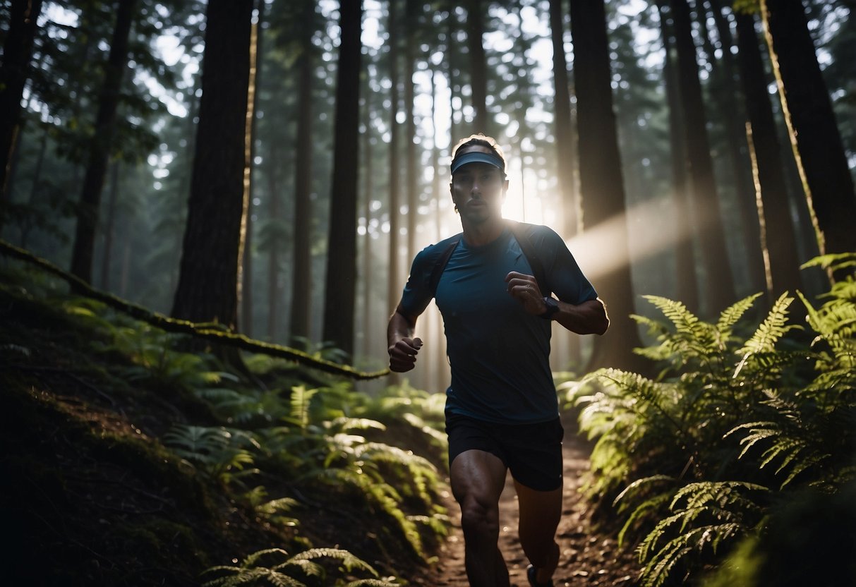 A trail runner wearing a lightweight headlamp, running through a dark forest with a clear trail ahead. The headlamp casts a bright beam of light, illuminating the path and surrounding trees