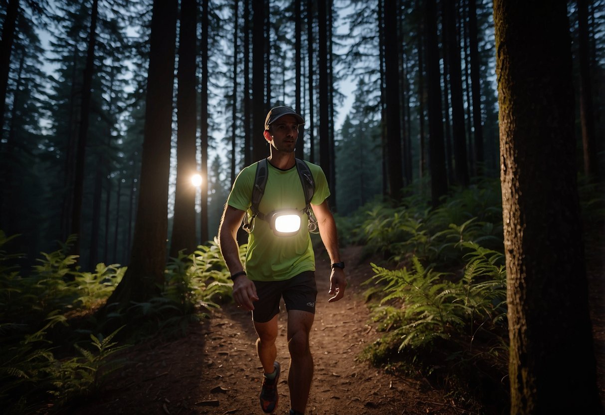 A trail runner wearing a Petzl Actik Core headlamp illuminates a winding forest path at dusk. The lightweight design provides a comfortable and reliable source of light for outdoor activities