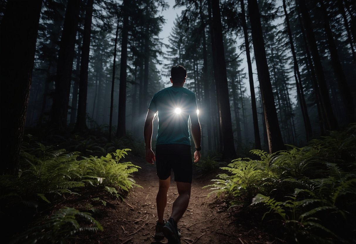 A trail runner wearing Nathan Neutron Fire RX 5 headlamp illuminates a dark forest path