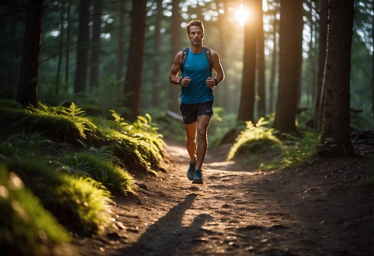 A trail runner wearing a lightweight headlamp illuminating the path ahead, with a comfortable strap and adjustable beam angle for optimal visibility