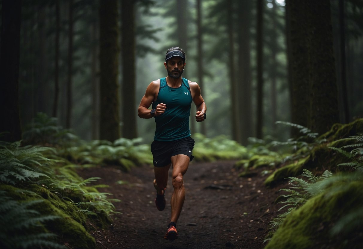 A trail runner wearing a lightweight headlamp, running through a dark forest with a narrow trail, surrounded by trees and rocks