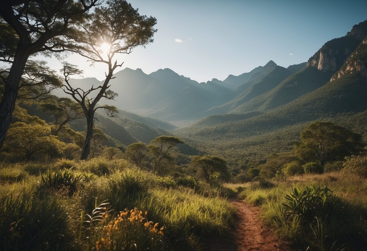 Mountains, savannas, and forests intertwine along the trail, with vibrant flora and diverse wildlife creating a breathtaking backdrop