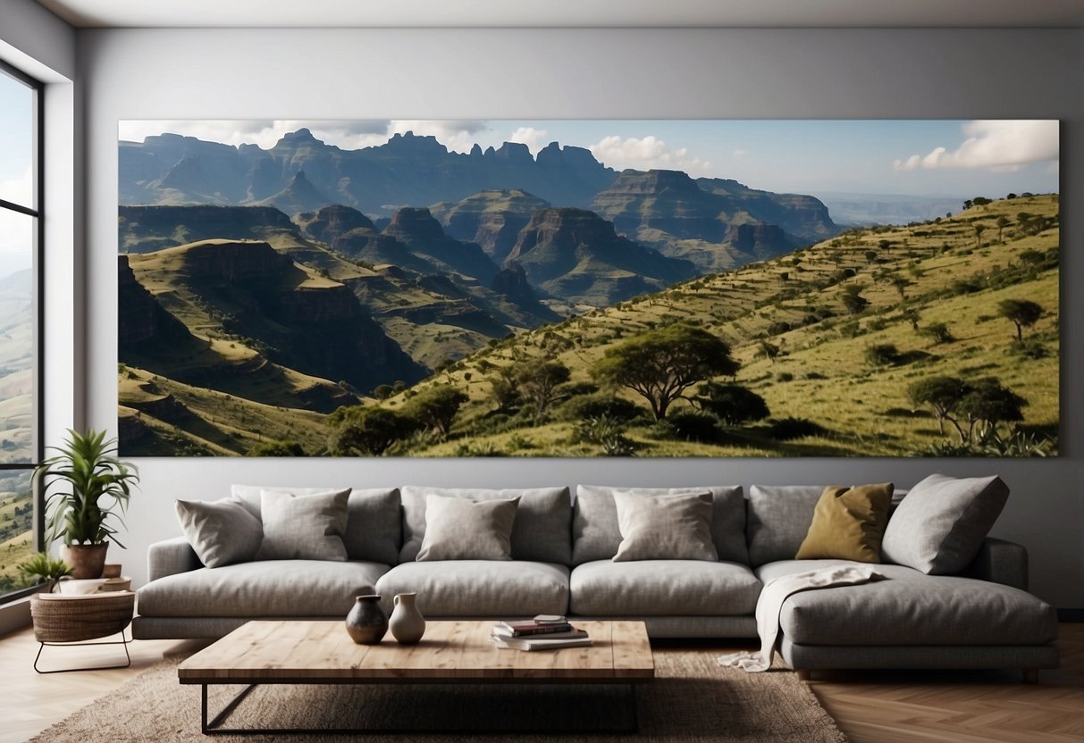 Rolling hills, lush greenery, and rocky peaks in Simien Mountains National Park, Ethiopia. Trail winding through the landscape