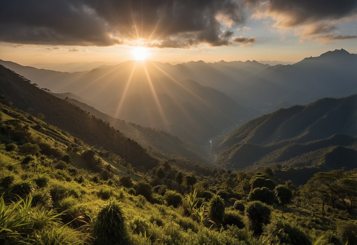 Sunrise over the Rwenzori Mountains, misty peaks and lush green valleys, winding trail through the rugged terrain