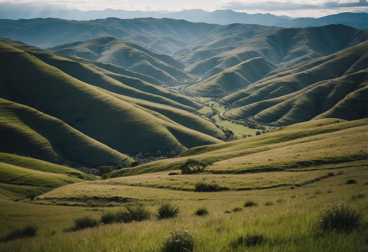 Mountains rise above rolling hills, with winding trails cutting through lush green landscapes, leading to breathtaking views of the Lesotho Highlands