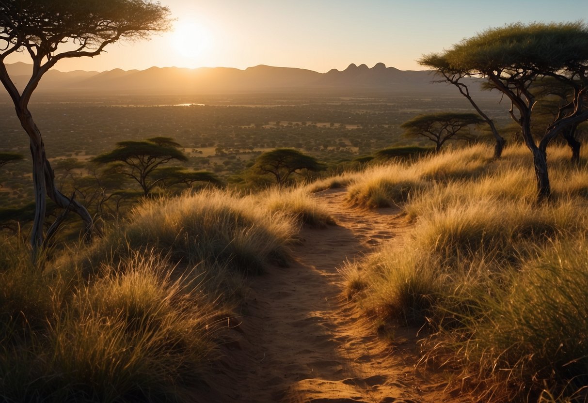 A winding trail cuts through lush African savanna, bordered by vibrant flora and rugged terrain. The sun casts a warm glow over the landscape, creating dramatic shadows and highlights