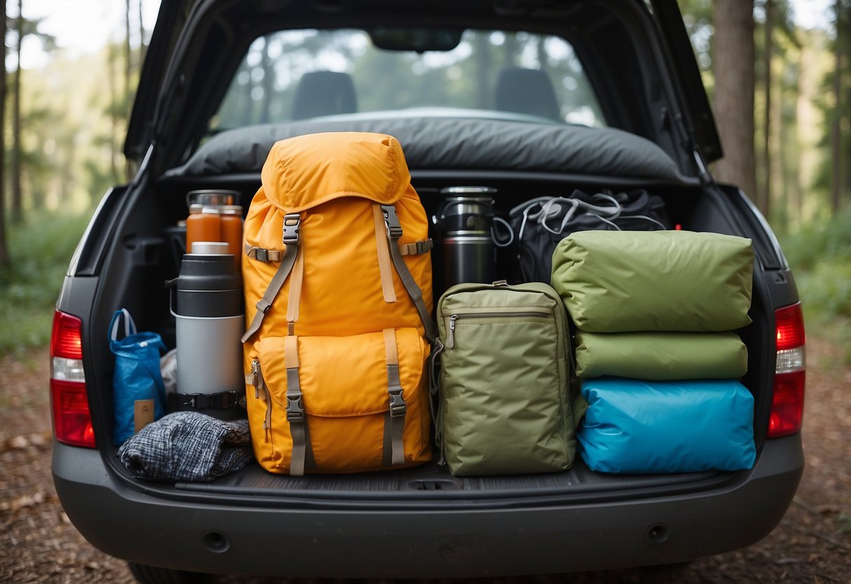 A backpack with lightweight items like a sleeping bag, tent, and cooking gear laid out on a scale. A checklist with items crossed off next to the pack