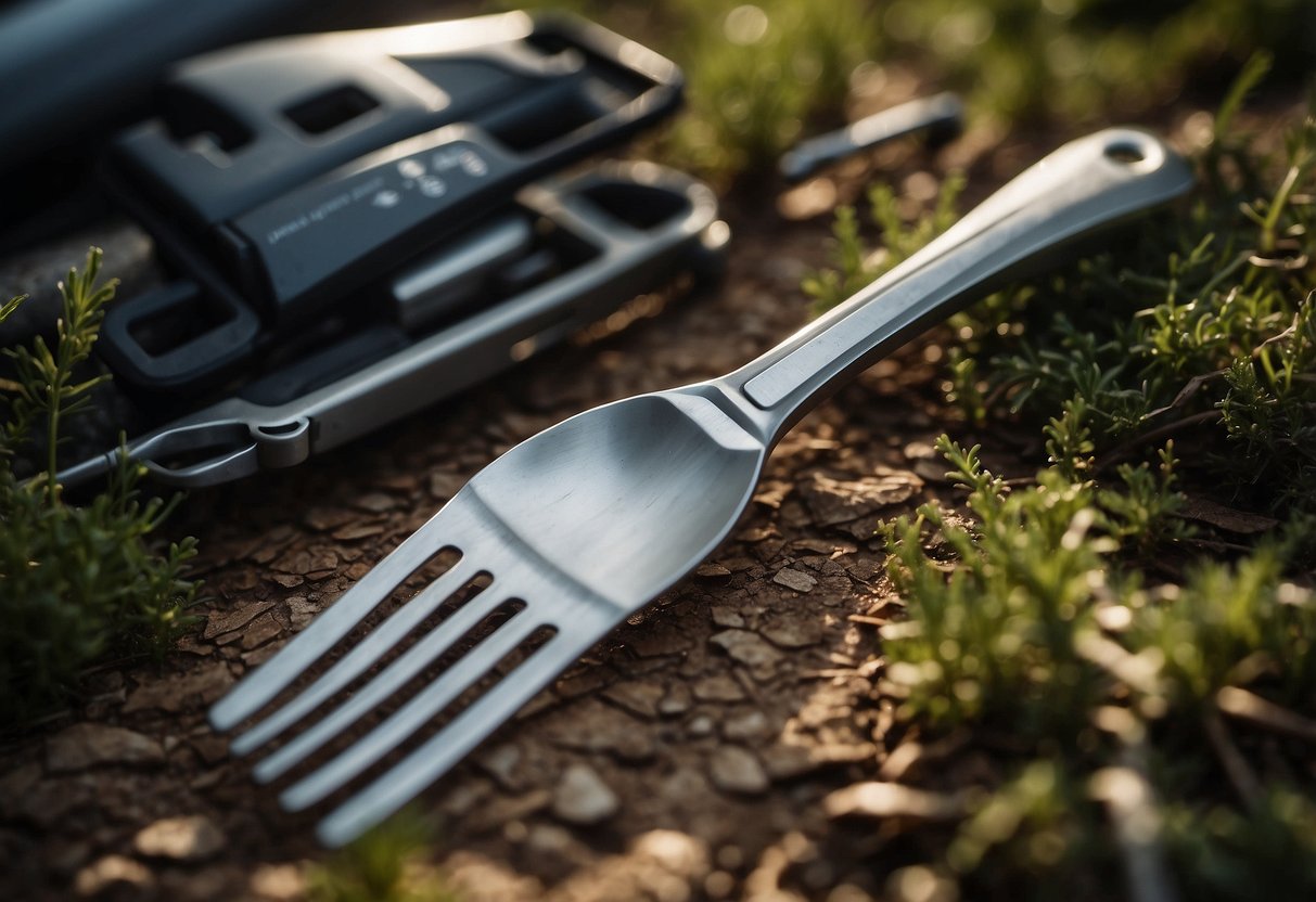 A titanium spork lies beside lightweight camping gear