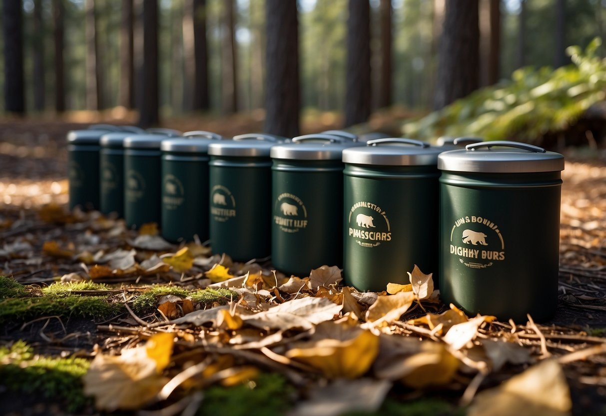 Bear canisters arranged on a forest trail, surrounded by scattered pine needles and fallen leaves. The sun filters through the trees, casting dappled shadows on the ground