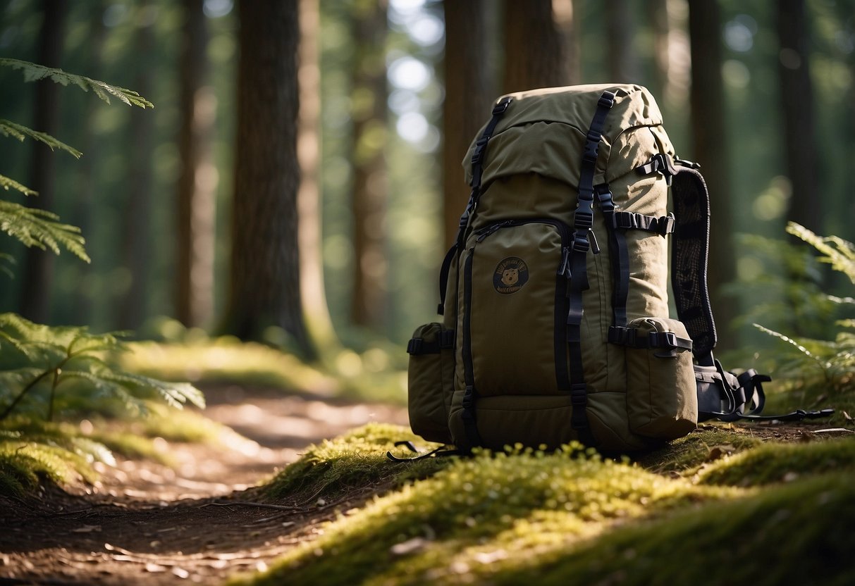 A rugged trail winds through a dense forest, with a Ursack Major XL bear canister strapped to a backpack, surrounded by towering trees and dappled sunlight