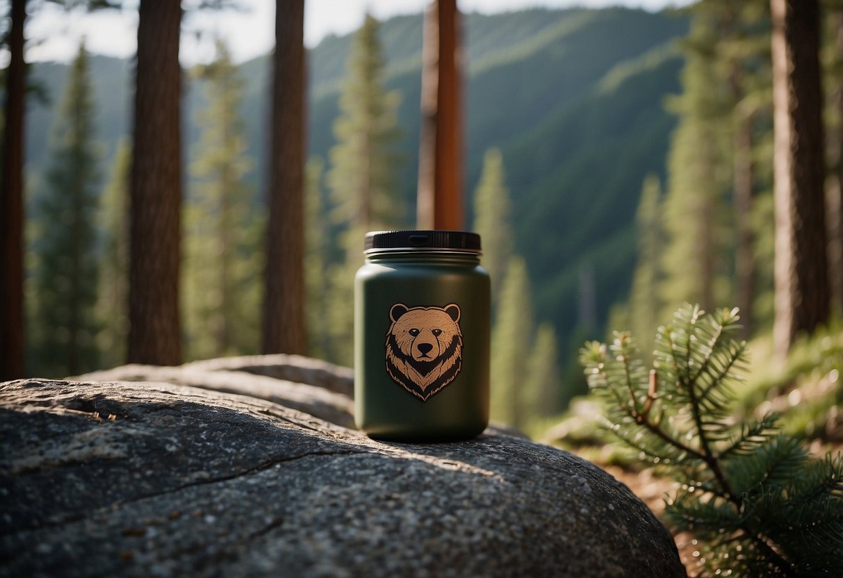 A bear canister sits nestled among rocks and pine needles, surrounded by a backdrop of towering trees and a winding trail