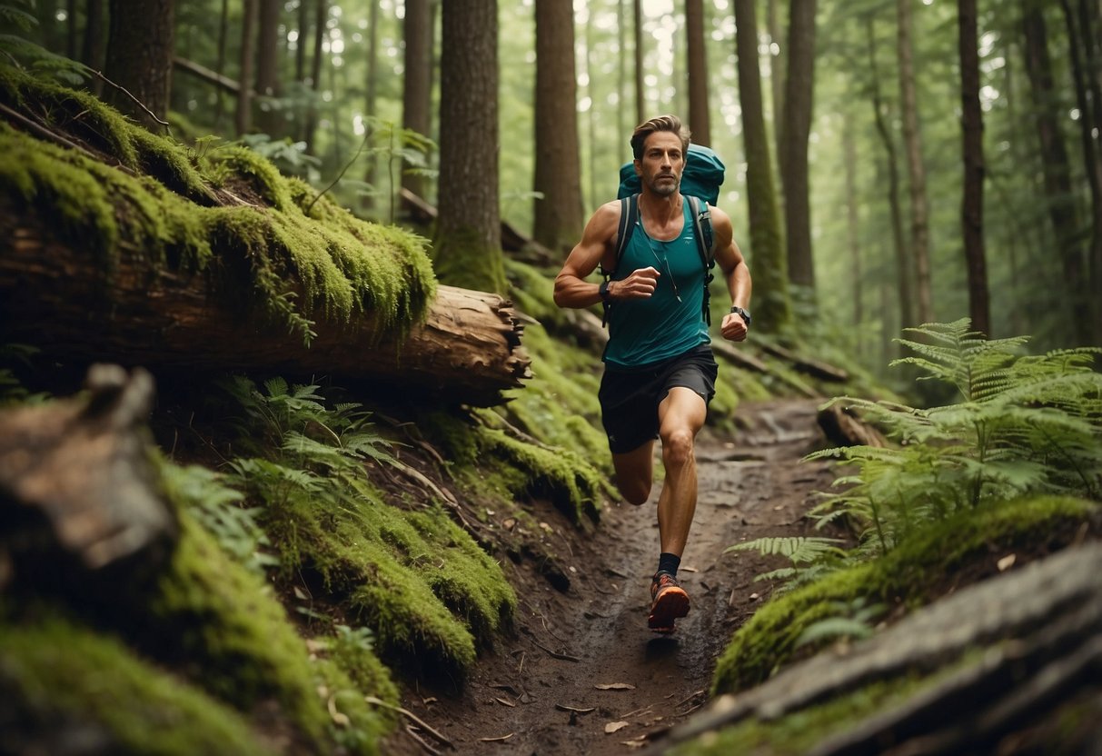 A trail runner navigates steep terrain, leaps over fallen logs, and sprints up hills. They carry a hydration pack and wear trail running shoes. The scenery includes dense forest, rocky paths, and a winding trail