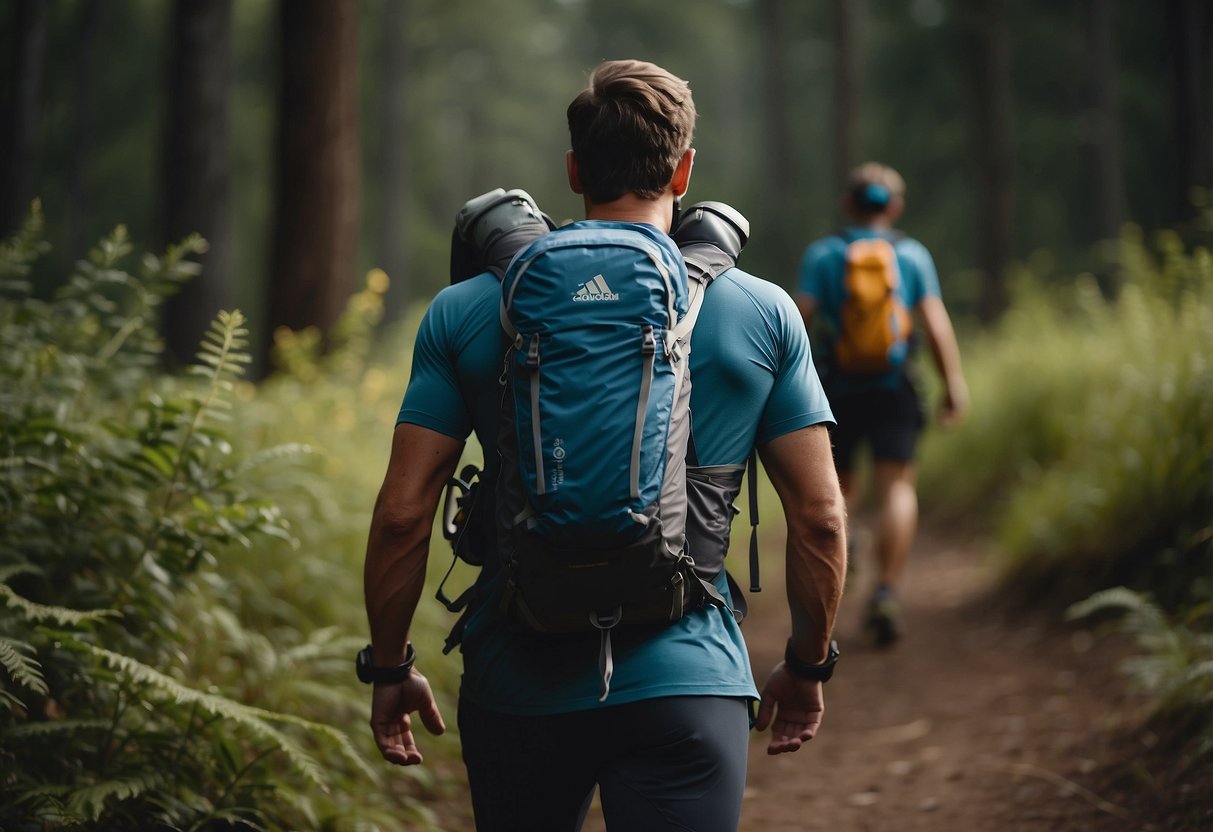 A trail runner stands with the right gear, including proper shoes, hydration pack, and clothing, ready to begin training