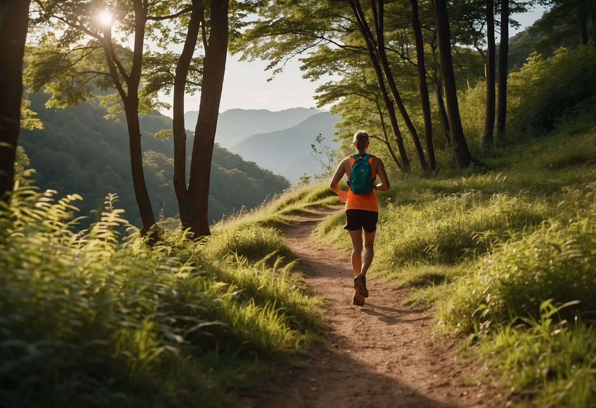 A winding trail leads through a lush forest, with hills in the distance. A runner paces themselves, gradually building endurance. Trail markers guide the way