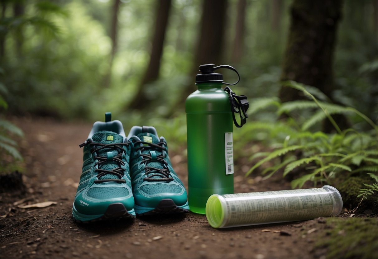 A trail runner's water bottle sits next to a trail map and running shoes, surrounded by lush greenery and a winding path