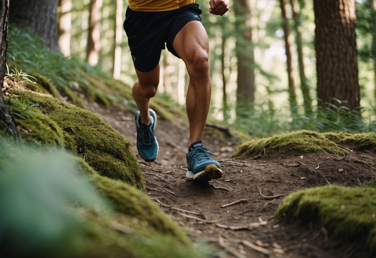 A trail runner navigates steep terrain, breathing steadily. Trees line the path as the runner focuses on each step, feeling the earth beneath their feet