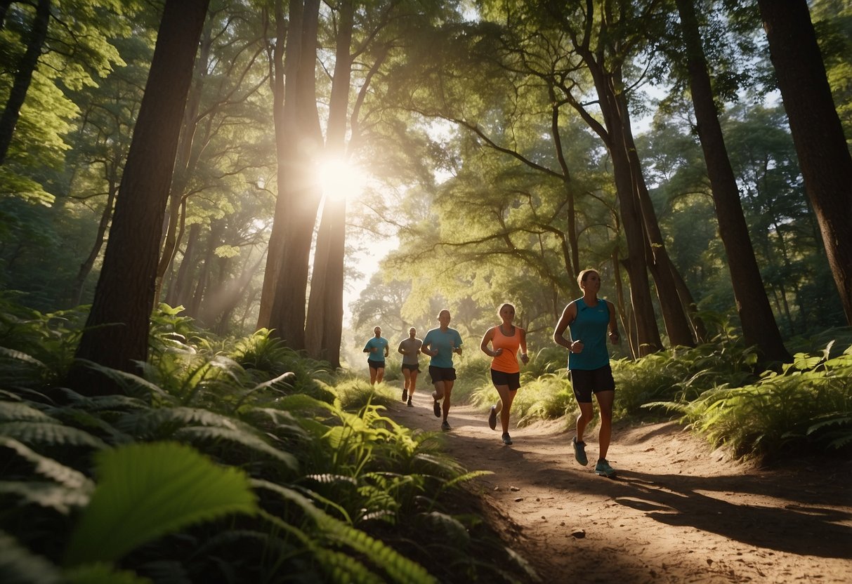 A group of runners navigating a rugged trail, surrounded by lush greenery and towering trees, with the sun casting dappled shadows on the ground