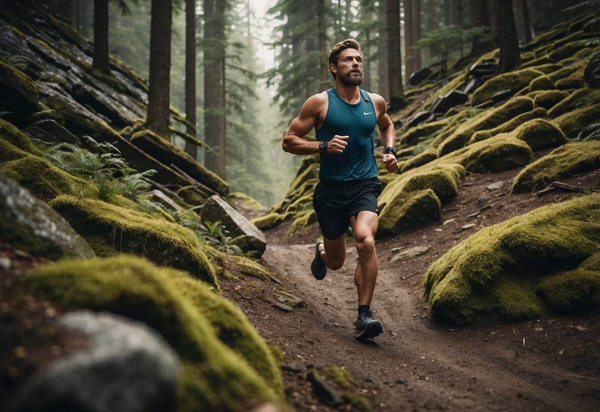 A runner navigates a rugged trail, surrounded by towering trees and rocky terrain. The path winds through a dense forest, with steep inclines and sharp turns. The runner is focused and determined, pushing through the challenging landscape