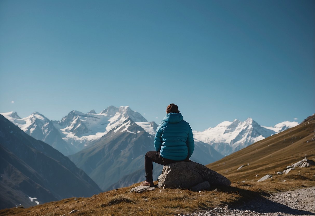 A mountain landscape with a person holding their head and looking dizzy, while others offer water and rest. Snow-capped peaks and a clear blue sky in the background