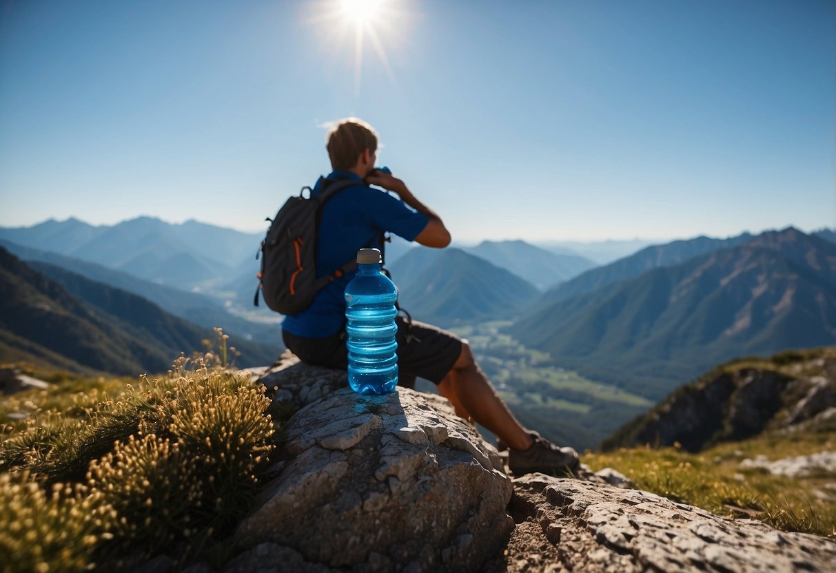 A mountainous landscape with a clear blue sky, featuring a person drinking water from a reusable bottle. Surrounding the figure are various tips for dealing with altitude sickness, such as resting, staying hydrated, and avoiding alcohol