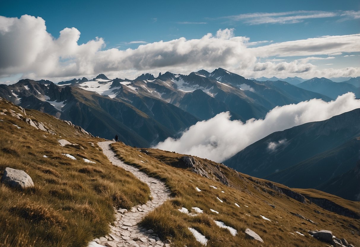 A winding mountain trail leads to a high summit, with scattered clouds and a clear blue sky above. The landscape is dotted with patches of snow and alpine vegetation