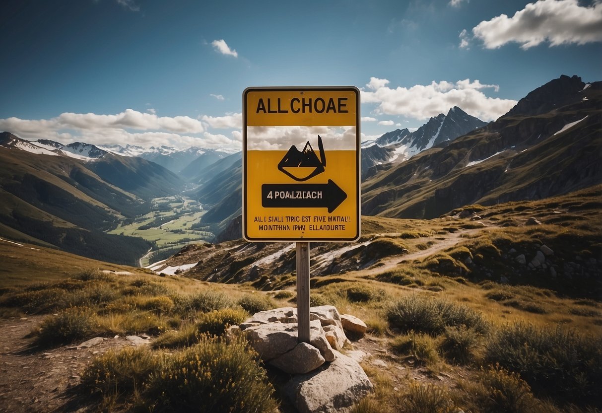 A mountain landscape with a clear warning sign about alcohol. Surrounding the sign are seven helpful tips for dealing with altitude sickness