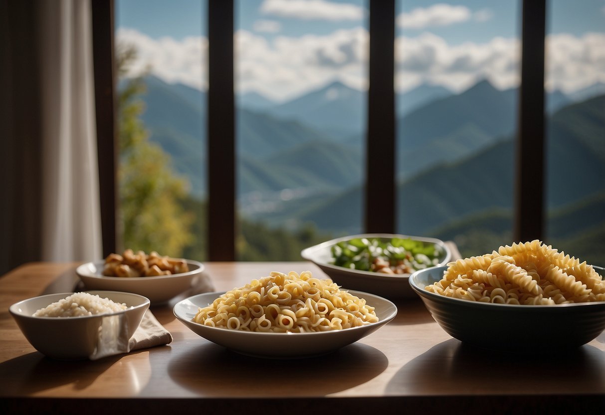 A table set with pasta, rice, and bread. A person holds their head in discomfort. Mountain peaks are visible through a window