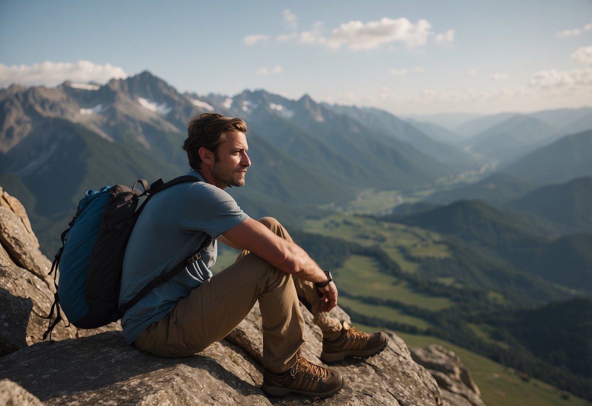 A mountain climber sits on a rocky ledge, surrounded by snack wrappers and water bottles. They look weary but determined, with a beautiful mountain vista in the background