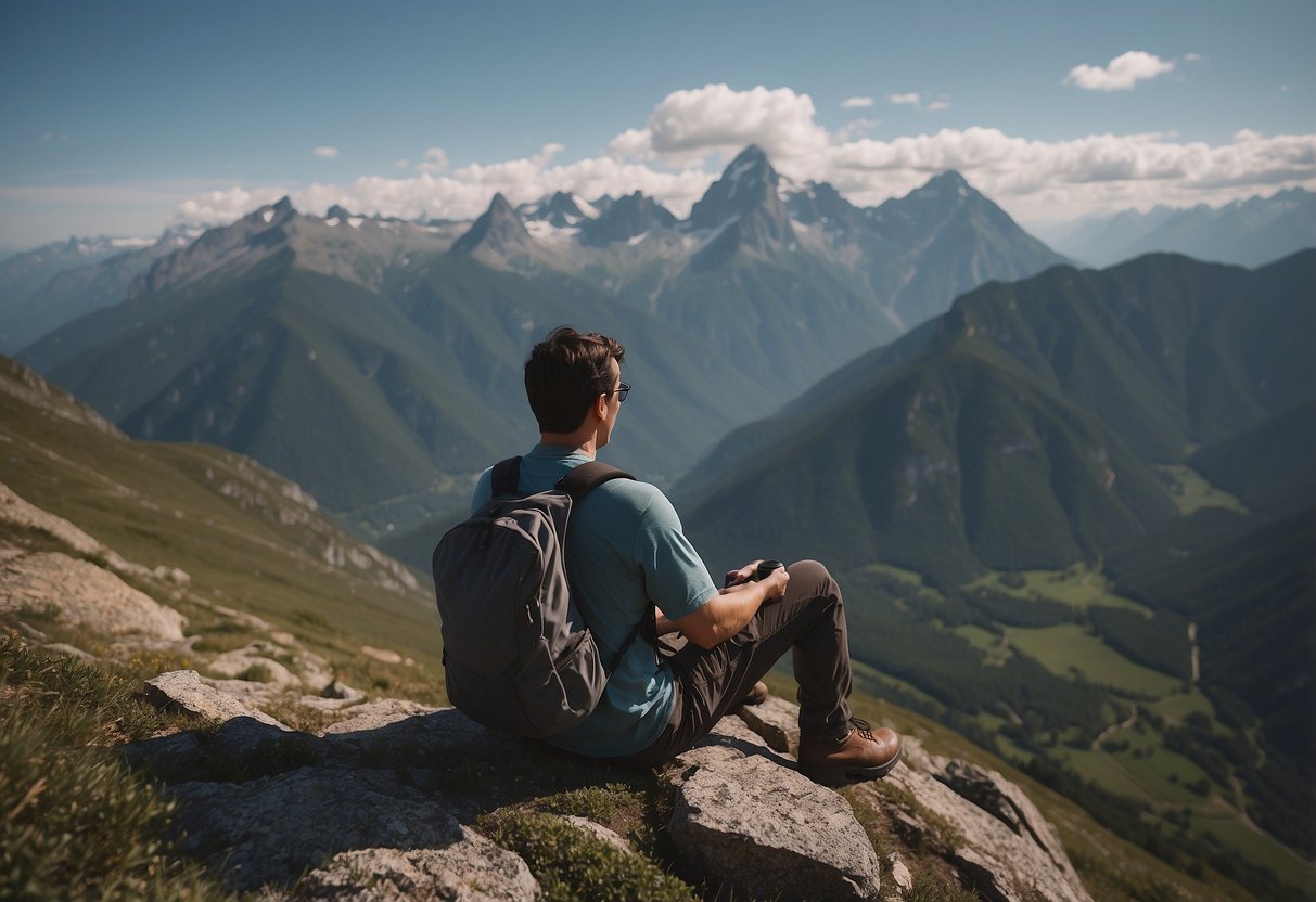 A person resting on a mountain trail, surrounded by tall peaks. They are taking deep breaths and sipping water, following tips for altitude sickness