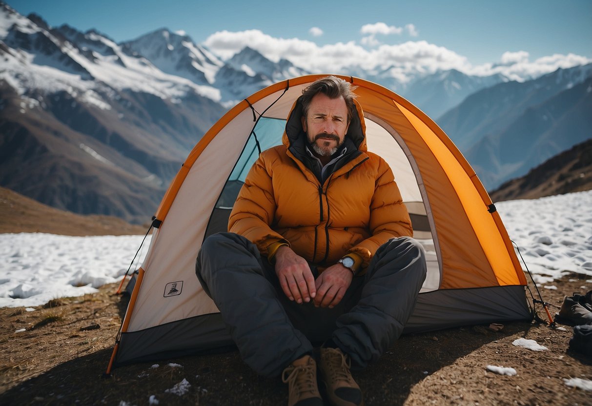 A person lying in a tent at high altitude, clutching their head with a pained expression. Outside, the landscape is rugged and mountainous, with snow-capped peaks in the distance