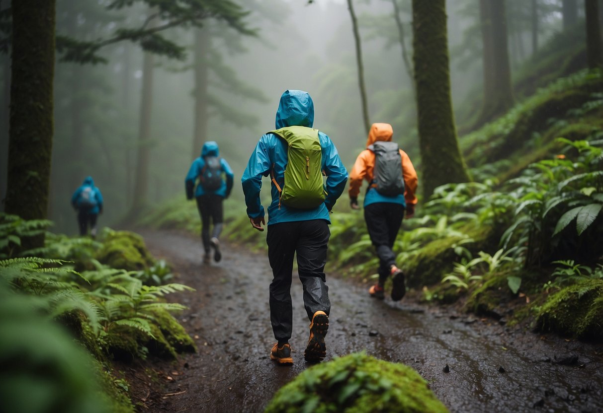 Trail runners gear up with lightweight rain jackets, pants, and hats. Gear is compact and easily stowed in a small pack. The trail winds through lush greenery and misty rain