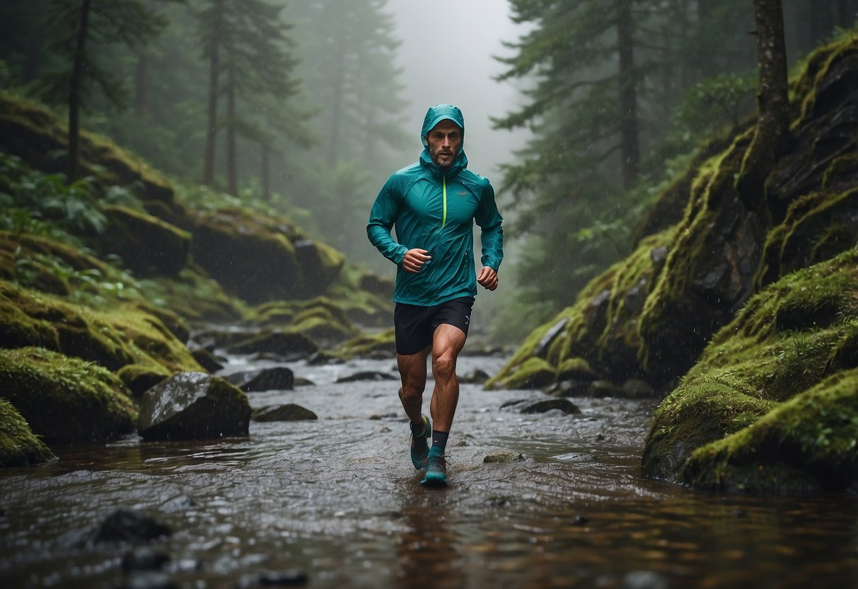 A trail runner wearing the Arc'teryx Norvan SL Hoody runs through a light rain, surrounded by lush green trees and rocky terrain