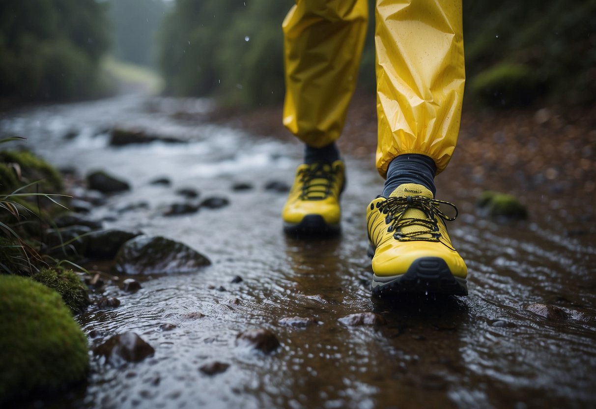 A trail runner wearing lightweight rain gear, with a waterproof jacket, pants, and trail running shoes. The gear is breathable, packable, and has sealed seams for full protection against the rain