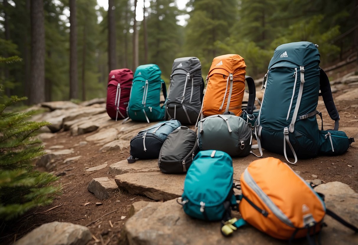 A group of lightweight trail running packs arranged in a natural outdoor setting, with trees, rocks, and a winding trail in the background