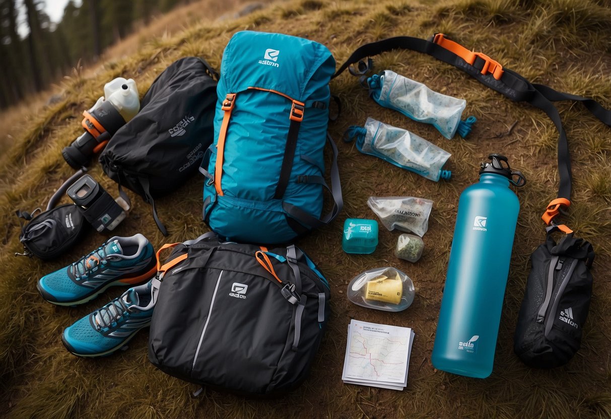 A trail runner's gear laid out: Salomon Agile 2 Set pack, water bottle, energy gels, trail map, and lightweight running shoes