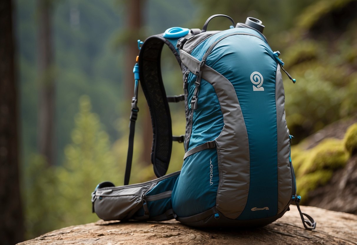 The HydraPak UltraFlask 10 is nestled in a lightweight trail running pack, surrounded by rugged terrain and towering trees