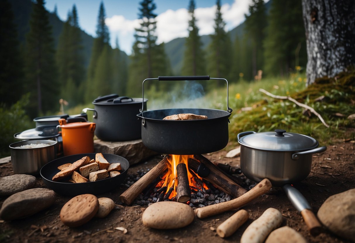 A campfire with a pot hanging over it, surrounded by various cooking utensils and ingredients. A backpack and hiking boots are nearby, suggesting a hiking trip. The scene is set in a picturesque outdoor setting, with trees and a clear sky in the