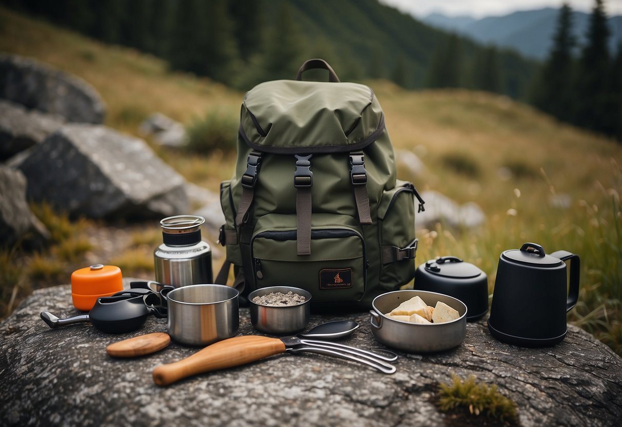 A backpack with lightweight camping gear laid out next to a small portable stove and a set of cooking utensils on a rocky trail