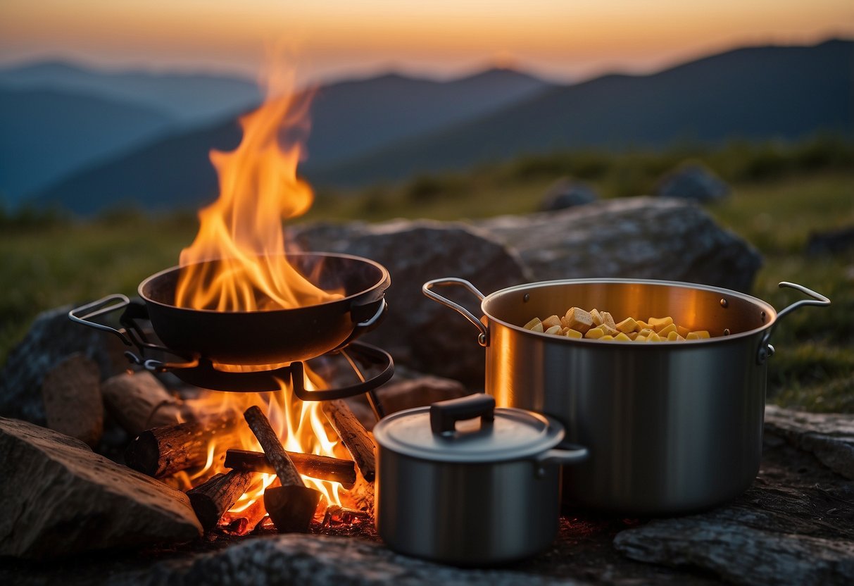 A campfire burns in the background as a pot of high-energy foods simmers on a portable stove. A backpack and cooking utensils are scattered around the campsite