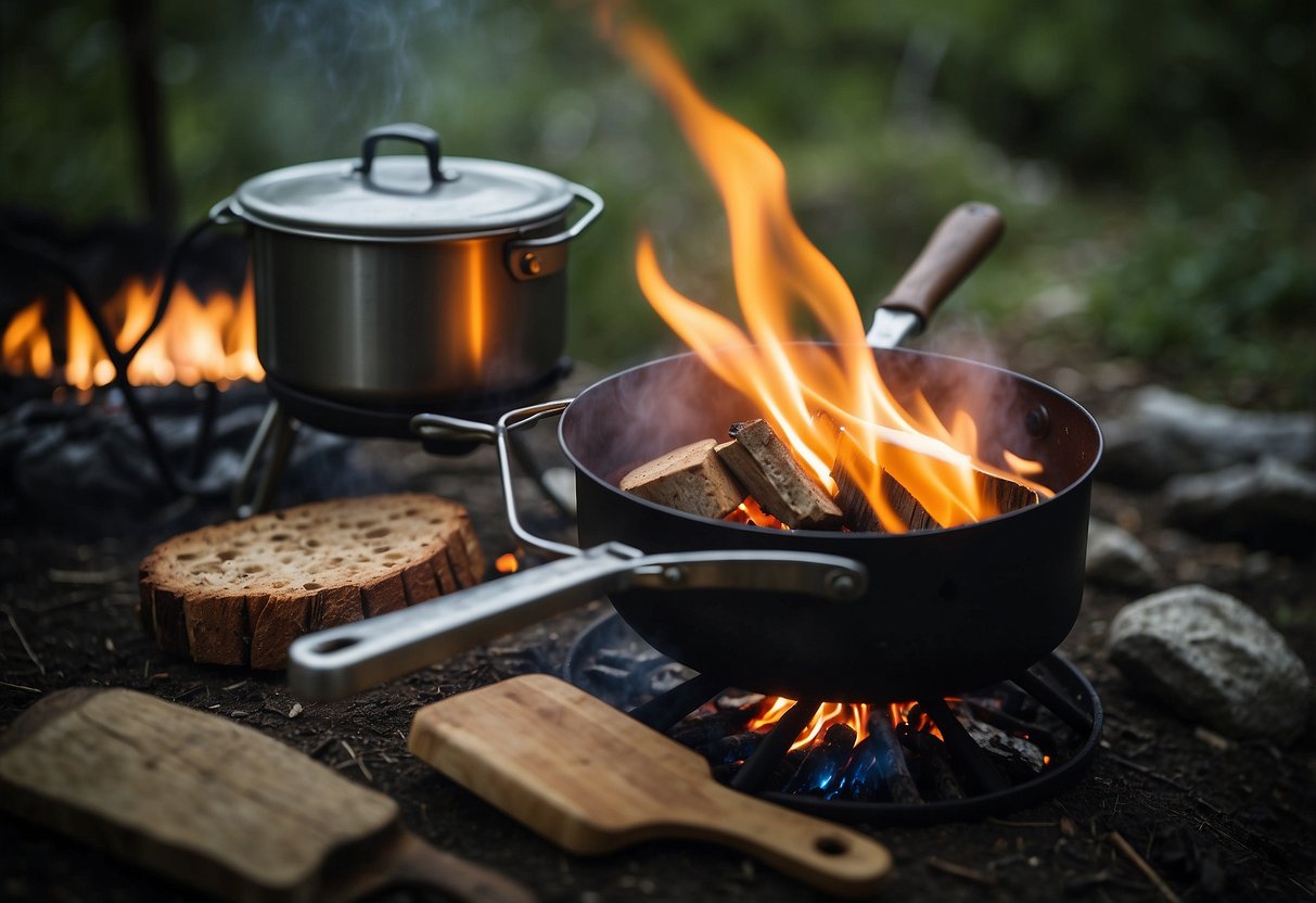 A campfire with a pot boiling over it, surrounded by various multi-use utensils such as a spatula, tongs, and a can opener. A backpack and trail map are nearby