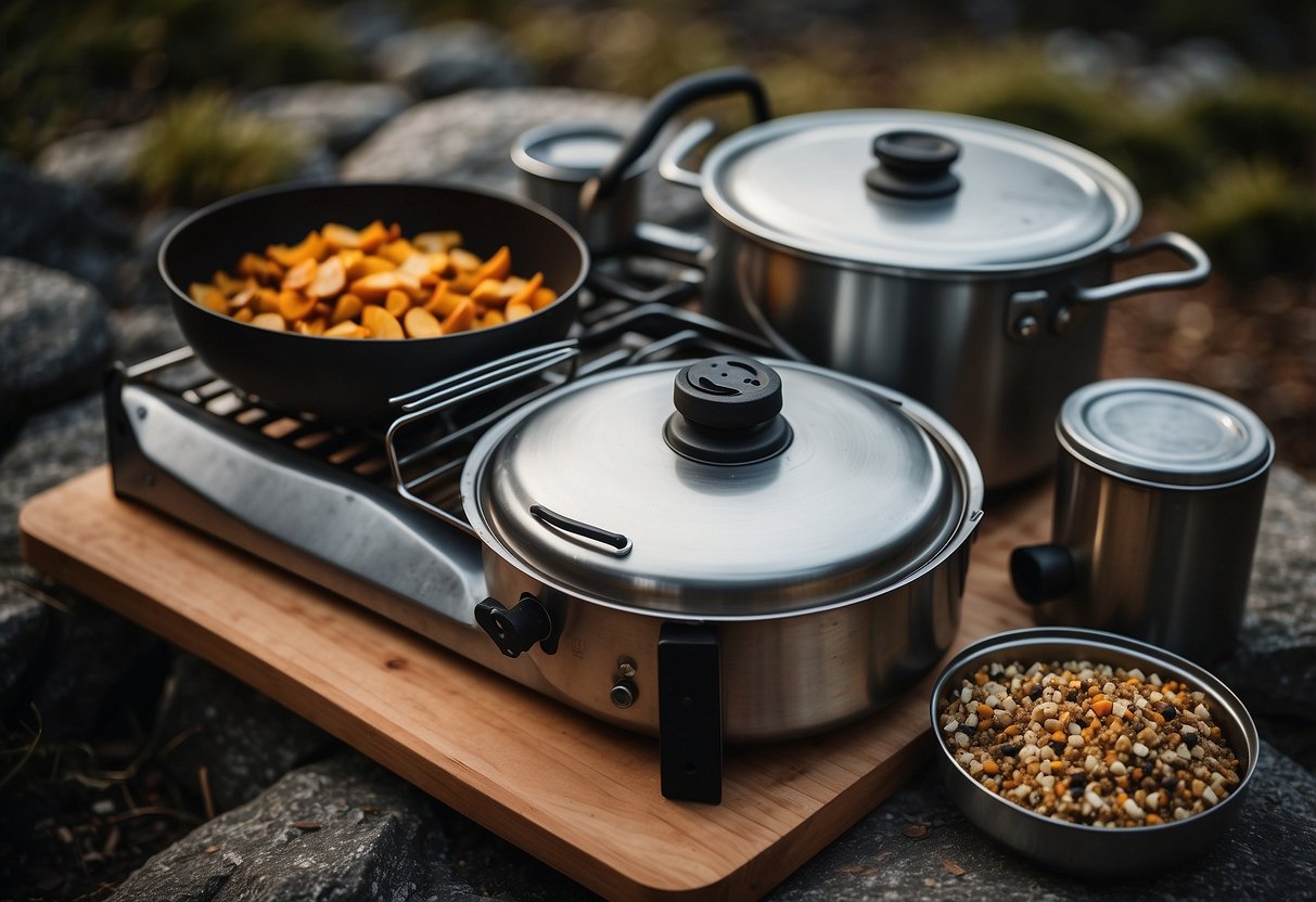 A camp stove, metal cookware, fuel canister, utensils, cutting board, spices, and a food bag on a rocky trail