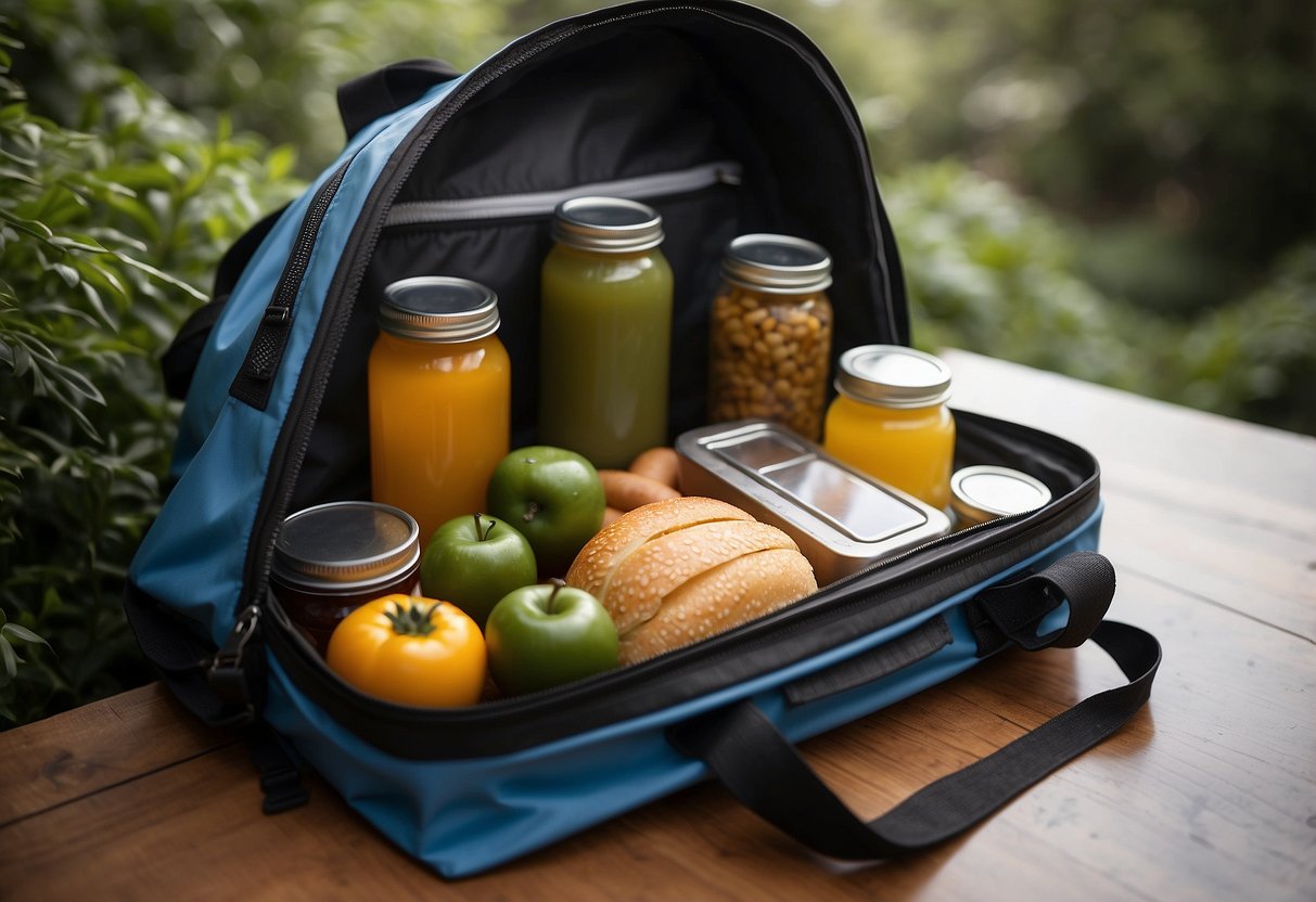 Food stored in a lightweight, waterproof backpack. Ziplock bags separate items, while a small cooler keeps perishables fresh. Airtight containers prevent spills, and a strap secures the pack