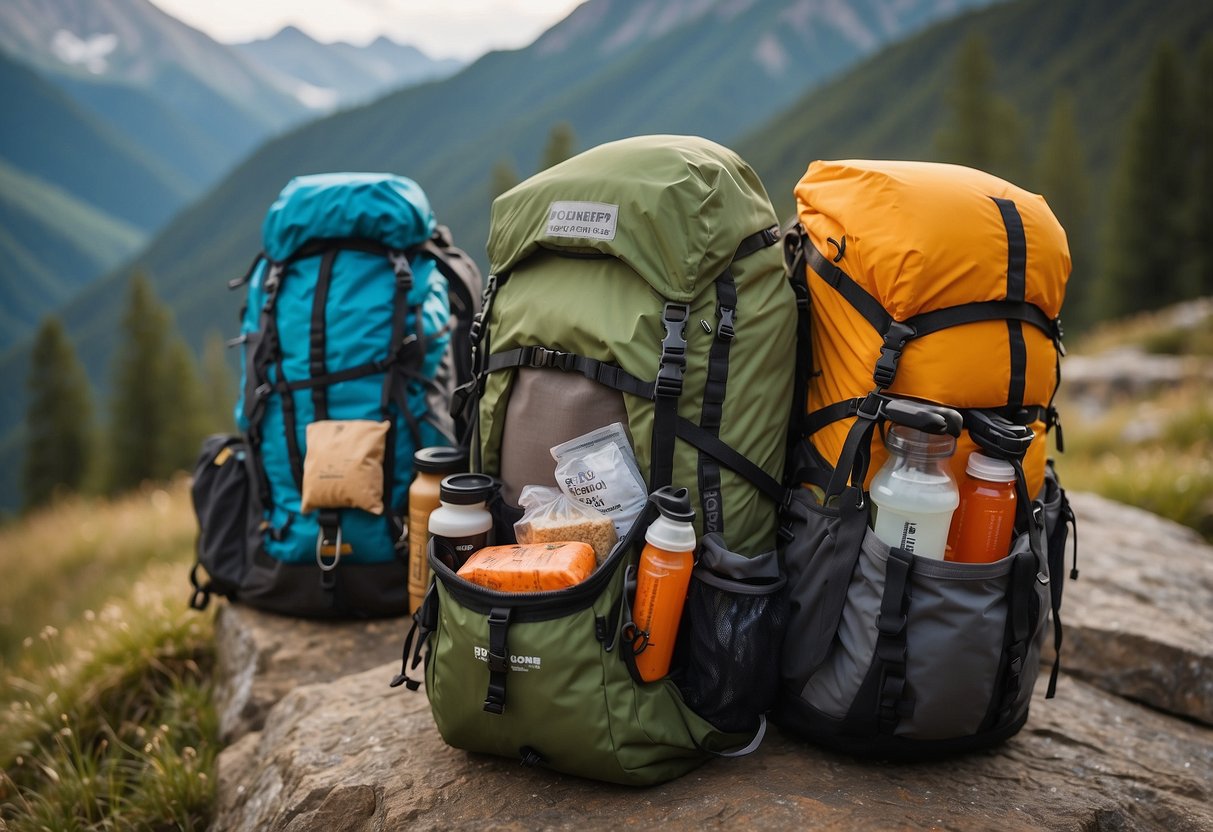 Trail runner's backpack open, revealing 5 dry bags filled with food. Bags labeled and neatly organized for easy access