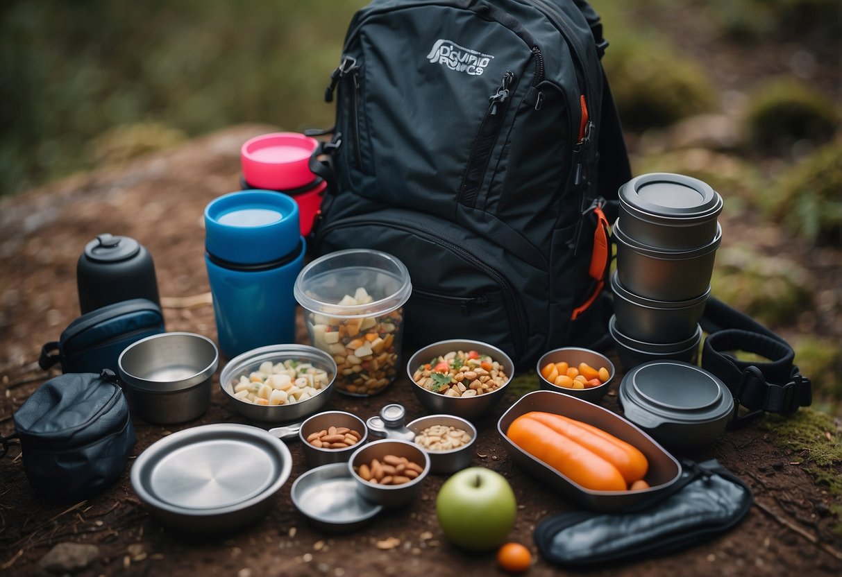 A trail runner's backpack open, revealing collapsible bowls and various food items neatly stored inside for easy access on the go