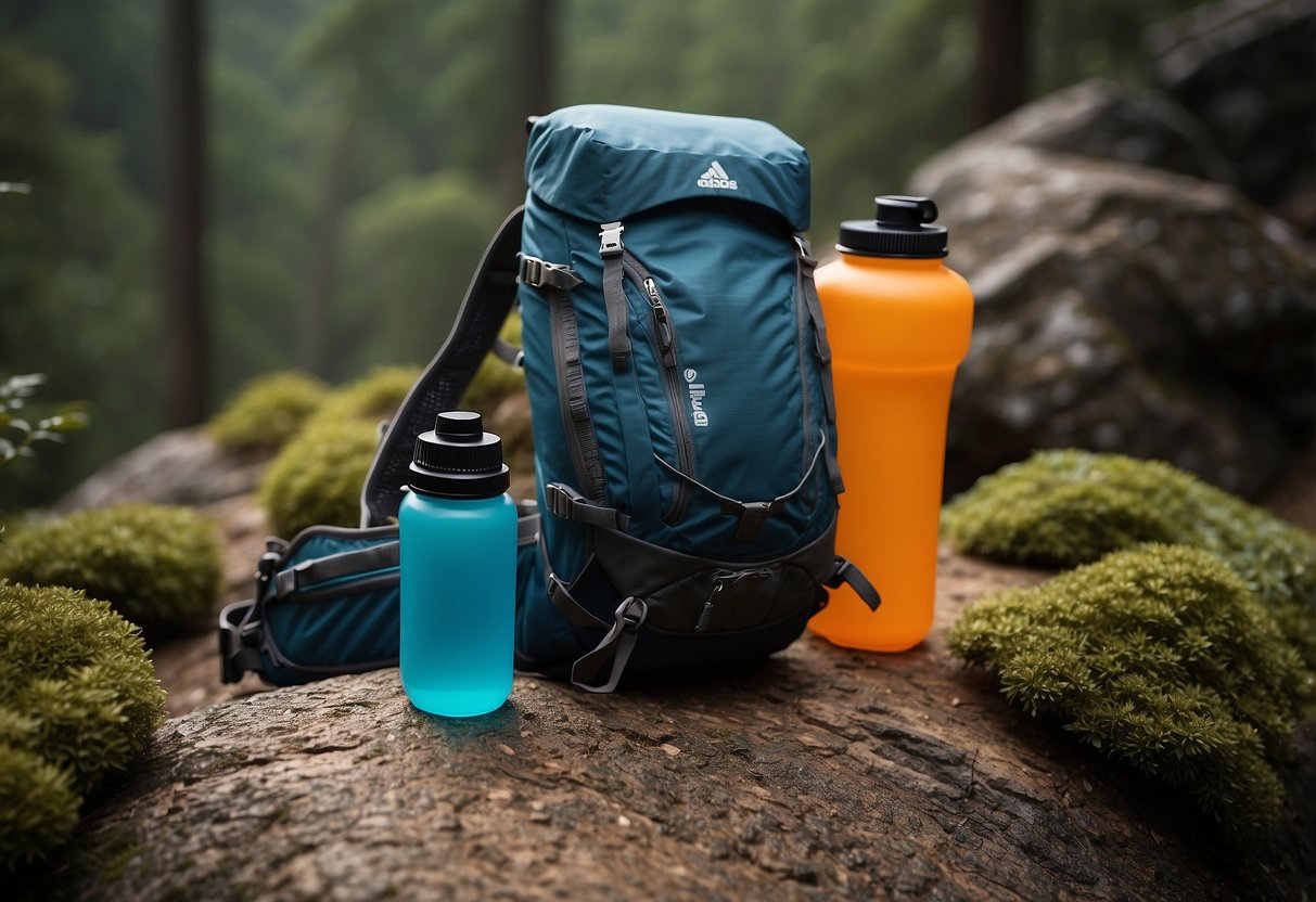 A trail runner's hydration pack with compartments for storing food. The pack is shown being used in five different ways to store food while running