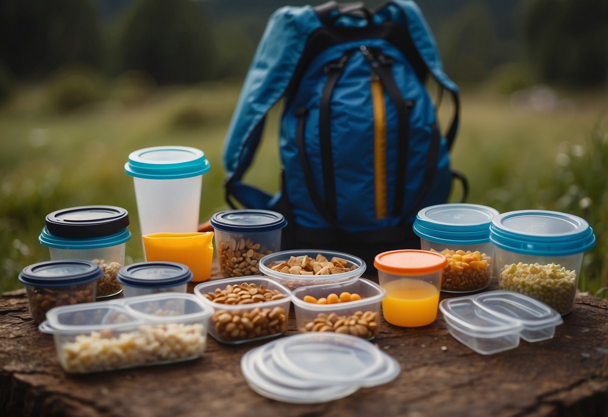 A trail runner selects from various food containers, including ziplock bags and lightweight Tupperware, laid out on a flat surface