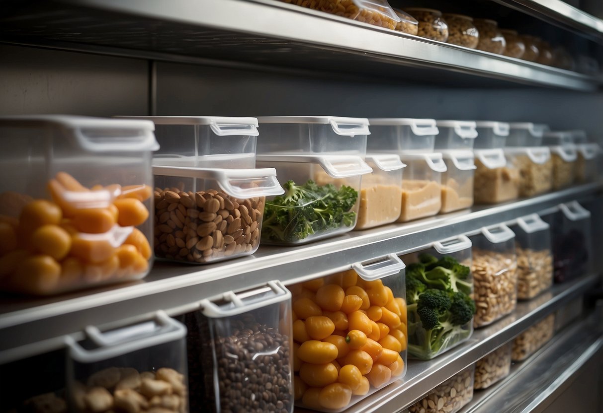 Food stored in airtight containers, vacuum-sealed bags, and insulated coolers. Hanging food in mesh bags away from animals. Using dehydrated or freeze-dried food. Storing perishables in waterproof bags. Keeping food away from direct