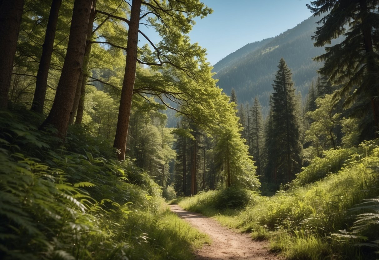 A winding trail cuts through a lush forest, with towering trees and vibrant foliage lining the path. The trail leads towards a distant mountain range, with clear blue skies overhead